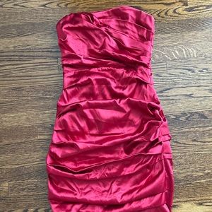 Red, silky, ruched dress